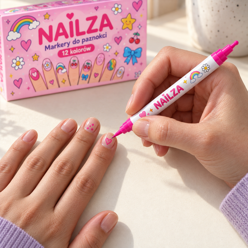 Malowanie małego serduszka różowym markerem Nailza na paznokciu