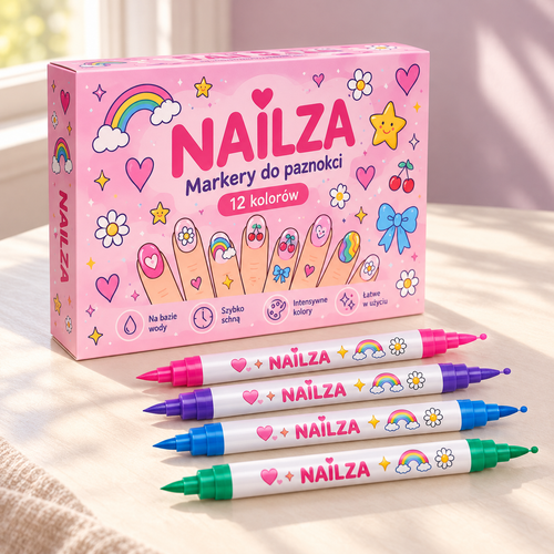 Opakowanie Nailza i kolorowe dwustronne markery na jasnym stole